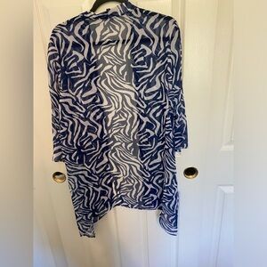 Slinky Brand Light Weight Cotton Blend Blue & White Open Front Cardigan